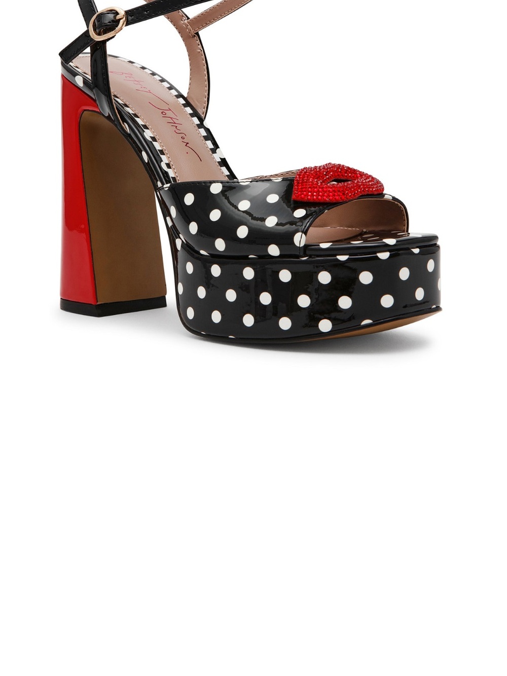 Betsey Johnson Black & White Polka Dot Platform Heel with Red Accents